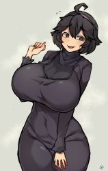 Rule 34 | 1girl, @ @, ahoge, alternate breast size, alternate hairstyle, black hair, blush, breasts, commentary request, creatures (company), drooling, game freak, grey eyes, hair between eyes, hairband, hand up, hex maniac (pokemon), highres, huge breasts, long sleeves, nintendo, parted lips, pokemon, pokemon xy, purple hairband, shirt, short hair, signature, simple background, smile, solo, thighs, umitsuki (kurage no shokushu), white background