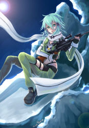 Rule 34 | 10s, 1girl, absurdres, anti-materiel rifle, artist name, bolt action, dated, green eyes, green hair, gun, highres, matching hair/eyes, open mouth, pgm hecate ii, rifle, scarf, scope, sinon, sniper rifle, solo, sword art online, weapon, yurix
