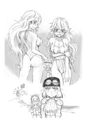 Rule 34 | 5girls, :d, animal ears, antonina kruschinski, arm under breasts, ass, backboob, beret, bikini, blunt ends, blush, braid, breasts, character request, cleavage, flat chest, flying sweatdrops, from behind, german text, glasses, goggles, goggles on headwear, greyscale, hannelore kummel, hat, jitome, large breasts, long hair, looking at viewer, looking back, medium breasts, mixed-language text, monochrome, multiple girls, multiple views, nogami takeshi, o o, ocean, official art, one-piece swimsuit, open mouth, parted bangs, rabbit ears, short hair, smile, strike witches (lionheart witch), sweat, swimsuit, thigh gap, tsurime, twin braids, wavy hair, world witches series, | |