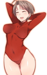 Rule 34 | 1girl, antenna hair, arms behind head, arms up, blush, breasts, brown hair, closed eyes, commentary, covered navel, cowboy shot, crotch seam, em (totsuzen no hakike), facing viewer, heattech leotard, konno mitsune, leotard, light blush, long sleeves, love hina, medium breasts, open mouth, parted bangs, red leotard, ribbed leotard, short hair, simple background, smile, solo, standing, thigh gap, turtleneck, white background