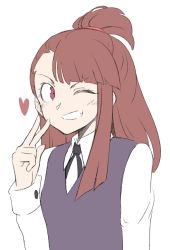 Rule 34 | &gt;;d, 1girl, ;d, black ribbon, blunt bangs, blush, brown hair, collared shirt, dress, grin, hand up, kagari atsuko, little witch academia, long hair, long sleeves, looking at viewer, one eye closed, open mouth, orinpachu, pinafore dress, red eyes, ribbon, shirt, simple background, sketch, sleeveless dress, smile, solo, tareme, topknot, upper body, v, v-shaped eyebrows, white background, white shirt, wing collar