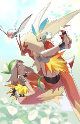 Rule 34 | 1girl, absurdres, bandana, bike shorts, black legwear, blaziken, blue eyes, blush, brown hair, carrying, commentary, creatures (company), e volution, eye contact, eyelashes, fanny pack, game freak, gen 3 pokemon, gloves, green bandana, highres, legs together, long hair, looking at another, may (pokemon), minun, nintendo, open mouth, pokemon, pokemon (creature), pokemon emerald, pokemon rse, shoes, signature, socks, taillow, tongue, wristband