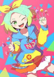 Rule 34 | 1girl, ;d, absurdres, between fingers, blue hoodie, blush, bow, candy, commentary request, cowboy shot, fang, food, green eyes, green hair, hair bow, hands up, highres, holding, holding candy, holding food, holding lollipop, hood, hood down, hoodie, idol time pripara, lollipop, long sleeves, looking at viewer, multicolored hair, nijiiro nino, nojima minami, one eye closed, open mouth, pretty series, pripara, short hair, skirt, smile, solo, sparkle, teeth, two-tone hair, upper teeth only, yellow bow