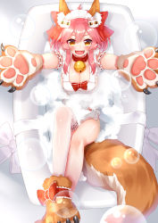 Rule 34 | 1girl, absurdres, animal ear fluff, animal ears, animal hands, apron, bell, blush, breasts, bubble, cat hair ornament, cat paws, cleavage, collar, fangs, fate/grand order, fate (series), fox ears, fox tail, frills, gloves, hair ornament, happy, highres, large breasts, long hair, looking at viewer, looking up, maid headdress, naked apron, neck bell, open mouth, outstretched arms, paw gloves, paw shoes, pink hair, reaching, reaching towards viewer, ribbon, shiny skin, shoes, single thighhigh, sll, smile, solo, tail, tamamo (fate), tamamo cat (fate), tamamo cat (third ascension) (fate), thighhighs, yellow eyes