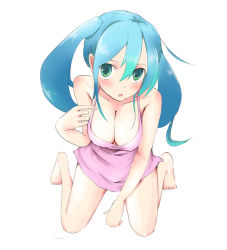 Rule 34 | 1girl, aqua eyes, aqua hair, barefoot, breasts, cleavage, female focus, from above, full body, hatsune miku, kai (k-nsn), long hair, simple background, solo, twintails, vocaloid, white background