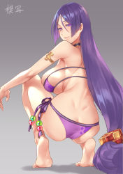 Rule 34 | 1girl, armlet, artist name, ass, back, bare arms, bare legs, bare shoulders, barefoot, beads, bikini, breasts, butt crack, choker, cleavage, eyelashes, eyepatch bikini, fate/grand order, fate (series), feet, from behind, gradient background, hair between eyes, half-closed eyes, large breasts, legs apart, long hair, looking at viewer, looking back, low-tied long hair, minamoto no raikou (fate), minamoto no raikou (fate/grand order), minamoto no raikou (swimsuit lancer) (fate), onigiri-kun (demmy), parted bangs, parted lips, purple bikini, purple eyes, purple hair, side-tie bikini bottom, sideboob, skindentation, smile, soles, solo, squatting, strapless, strapless bikini, string bikini, swimsuit, teeth, toes, very long hair