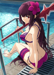 Rule 34 | 1girl, bare shoulders, bikini, breasts, butt crack, cleavage, fate/grand order, fate (series), hair ornament, highres, holding, jewelry, kamo ashi, large breasts, long hair, looking at viewer, looking back, nail polish, official alternate costume, pool, purple hair, red eyes, scathach (fate), scathach (fate/grand order), scathach (swimsuit assassin) (fate), sitting, smile, solo, swimsuit, water, weapon
