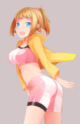 Rule 34 | 10s, 1girl, ass, bad id, bad pixiv id, bike shorts, blue eyes, blush, breasts, brown hair, comah, female focus, gundam, gundam build fighters, gundam build fighters try, hoshino fumina, large breasts, looking at viewer, midriff, navel, ponytail, scrunchie, short hair, smile, solo, sports bra, two-tone sports bra