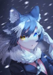Rule 34 | 1girl, absurdres, akuma (st.takuma), animal ears, black hair, blue eyes, breasts, cleavage, extra ears, fur collar, gloves, grey wolf (kemono friends), heterochromia, highres, kemono friends, large breasts, looking at viewer, multicolored hair, necktie, open mouth, snow, snowing, solo, two-tone hair, upper body, white gloves, white hair, wolf ears, wolf girl, yellow eyes