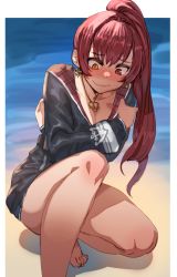 Rule 34 | 1girl, barefoot, black jacket, blush, bow (bhp), breasts, closed mouth, collarbone, covering privates, covering breasts, earrings, embarrassed, heart, heart earrings, heart necklace, heterochromia, hololive, houshou marine, houshou marine (summer), jacket, jewelry, long hair, long sleeves, medium breasts, necklace, ponytail, red eyes, red hair, solo, squatting, virtual youtuber, wavy mouth, yellow eyes