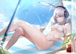 Rule 34 | 1girl, animal ears, arknights, bare shoulders, beach, beach chair, bikini, bird, blush, bottle, breasts, cleavage, cloud, cloudy sky, commentary, covered erect nipples, crossed legs, day, fingernails, frostnova (arknights), grey eyes, hair over one eye, hand on own stomach, headphones, leaf, long hair, looking at viewer, lying, medium breasts, navel, ocean, on back, rabbit ears, rabbit girl, scar, scar on face, see-through, sky, solo, sunlight, sweat, swimsuit, underwear, water, wet, white bikini, white hair, xion32
