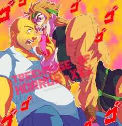 Rule 34 | 2boys, animification, bald, blonde hair, blue pants, bracelet, colored skin, commentary, crossover, denim, dio brando, doughnut, english commentary, facial hair, fangs, fat, fat man, food, headband, holding, holding food, homer simpson, jacket, jeans, jewelry, jojo no kimyou na bouken, karina farek, licking, long sleeves, looking at another, male focus, medium hair, multiple boys, naughty face, open mouth, pants, parody, red eyes, shirt, short sleeves, sitting, stardust crusaders, teeth, the simpsons, tongue, tongue out, white shirt, yaoi, yellow jacket, yellow pants, yellow skin