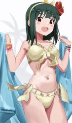 Rule 34 | 1girl, absurdres, bikini, blush, bracelet, breasts, brown eyes, chikoku, flower, frilled bikini, frills, green hair, hair flower, hair ornament, hairband, hibiscus, highres, holding, idolmaster, idolmaster (classic), jewelry, looking at viewer, mole, mole under mouth, open mouth, otonashi kotori, red flower, short hair, simple background, solo, swimsuit, white background, yellow bikini, yellow hairband