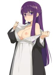 Rule 34 | 1girl, breasts, breasts out, female focus, fern (sousou no frieren), grimace, highres, large breasts, long hair, looking at viewer, morisobo, no bra, purple eyes, purple hair, solo, sousou no frieren, undressing, white background