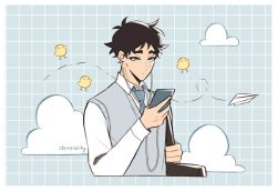 Rule 34 | 1boy, akaashi keiji, bag, bird, black hair, blue eyes, blue sweater vest, blue vest, cellphone, chick, claireiosity, cloud, collared shirt, earbuds, earphones, haikyuu!!, long sleeves, looking at object, necktie, paper airplane, phone, school bag, shirt, short hair, sleeves past elbows, solo, sweater vest, vest, white shirt