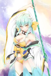 Rule 34 | 1girl, arm up, bare shoulders, bikini, black thighhighs, bow, breasts, cleavage, closed mouth, collarbone, commentary request, cowboy shot, detached collar, detached sleeves, dragon girl, dragon horns, eyelashes, fate/grand order, fate (series), fingernails, green hair, hair between eyes, hair bow, hair ornament, highres, holding, holding polearm, holding spear, holding weapon, horns, japanese clothes, kiyohime (fate), kiyohime (fate/grand order), kiyohime (swimsuit lancer) (fate), kiyohime (swimsuit lancer) (first ascension) (fate), large breasts, legs apart, long hair, looking at viewer, naginata, niie, obi, polearm, ponytail, sash, sidelocks, simple background, smile, solo, spear, standing, swimsuit, thighhighs, underboob, weapon, wide sleeves, yellow bikini, yellow bow, yellow eyes