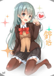 Rule 34 | 1girl, aqua hair, black skirt, blazer, blush, breasts, brown jacket, brown thighhighs, character name, frilled skirt, frills, grey eyes, heart, jacket, kantai collection, long hair, long sleeves, open mouth, red neckwear, signature, sitting, skirt, solo, sou (soutennkouchi), sparkle, spoken heart, suzuya (kancolle), thighhighs