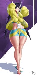Rule 34 | 1girl, absurdres, arcedo, arms behind head, arms up, blue eyes, breasts, creatures (company), curvy, elesa (pokemon), female focus, full body, game freak, highres, large breasts, long hair, looking at viewer, nintendo, pokemon, pokemon bw2, solo, thick thighs, thighs, wide hips