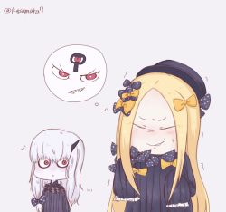 Rule 34 | 2girls, :o, abigail williams (fate), bags under eyes, black bow, black dress, black hat, blonde hair, blush, bow, closed mouth, dress, facing viewer, fate/grand order, fate (series), grey background, grin, hair between eyes, hair bow, hat, highres, imagining, lavinia whateley (fate), long hair, long sleeves, looking at another, looking to the side, multiple girls, nega-tive otoko, orange bow, parted bangs, parted lips, polka dot, polka dot bow, red eyes, sharp teeth, silver hair, simple background, sleeves past fingers, sleeves past wrists, smile, sweat, teeth, trembling, twitter username, v-shaped eyebrows, very long hair