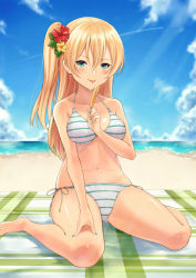 Rule 34 | 1girl, :q, bare arms, bare legs, bare shoulders, barefoot, beach, beach towel, bikini, blonde hair, blue sky, blush, breasts, chokuro, cloud, collarbone, commentary request, contrail, day, flower, food, green bikini, green eyes, green nails, hair between eyes, hair flower, hair ornament, hand on own thigh, hibiscus, highres, holding, holding food, horizon, leaf, light rays, long hair, looking at viewer, md5 mismatch, medium breasts, moe2018, nail polish, navel, ocean, one side up, original, outdoors, plaid, popsicle, red flower, resolution mismatch, shadow, shiny skin, side-tie bikini bottom, sitting, sky, smile, solo, source smaller, stomach, striped bikini, striped clothes, summer, sunlight, sweat, swimsuit, tongue, tongue out, towel, wariza, white bikini, yellow flower