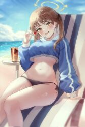 Rule 34 | 1girl, arm at side, beach, bikini, black bikini, blue archive, blue sky, blue sweater, blush, breasts, brown eyes, brown hair, candy, cola, commentary, cropped sweater, cup, curvy, day, disposable cup, drooling, fang, feet out of frame, food, halo, hand up, hashtag only commentary, head tilt, highres, holding, holding candy, holding food, holding lollipop, kerze, knees together feet apart, large breasts, lollipop, long sleeves, looking at viewer, medium hair, moe (blue archive), moe (swimsuit) (blue archive), mouth drool, navel, ocean, official alternate costume, open mouth, outdoors, pinky out, puffy long sleeves, puffy sleeves, side-tie bikini bottom, sidelighting, sitting, skin fang, sky, smile, solo, stomach, straight hair, sweater, swimsuit, thighs, tsurime, twintails