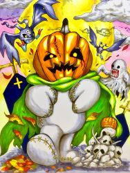 Rule 34 | absurdres, artist request, bakemon, cape, demon, digimon, digimon (creature), ghost, gloves, grin, halloween, highres, jack-o&#039;-lantern, no humans, open mouth, picodevimon, pumpkin, pumpmon, sky, smile, solo, traditional media, yellow eyes
