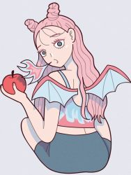 Rule 34 | 1girl, apple, black skirt, breath weapon, breathing fire, double bun, fire, food, from behind, fruit, grey background, grey eyes, hair bun, holding, holding food, holding fruit, hoppe illust, long hair, looking at viewer, open mouth, original, pink hair, print tank top, simple background, skirt, solo, tank top, wings