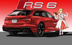 Rule 34 | 1girl, absurdres, audi, audi a6, audi rs6, black footwear, blonde hair, bow, car, commission, dress, erhu, hair bow, highres, holding, holding instrument, instrument, license plate, looking at viewer, motor vehicle, pantyhose, raffijoe5, red bow, red eyes, red skirt, satsuki rin, shadow, shoes, short hair, skirt, smile, solo, touhou, vehicle focus, vehicle name, white dress, white pantyhose