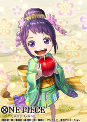 Rule 34 | 1girl, blush, child, commentary request, copyright name, feet out of frame, food, from above, fruit, green kimono, hair ornament, haru (toyst), holding, holding food, holding fruit, japanese clothes, kimono, kurozumi tama, looking at viewer, official art, one piece, one piece card game, open mouth, purple eyes, purple hair, sash, sidelocks, smile, solo, yellow sash