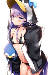 Rule 34 | 1girl, :o, absurdres, animal hood, bare shoulders, bikini, black bikini, black jacket, blue bow, blue eyes, bow, breasts, choker, collarbone, covered erect nipples, cowboy shot, unworn eyewear, fate/grand order, fate (series), frown, highres, hood, hooded jacket, jacket, long hair, looking at viewer, meltryllis, meltryllis (fate), meltryllis (swimsuit lancer) (fate), meltryllis (swimsuit lancer) (first ascension) (fate), navel, open clothes, open jacket, parted lips, purple hair, shouu-kun, simple background, small breasts, solo, stomach, stuffed animal, stuffed penguin, stuffed toy, sunglasses, swimsuit, v-shaped eyebrows, very long hair, watermark, white background