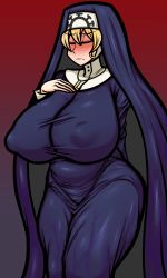 Rule 34 | 1girl, absurdres, asymmetrical hair, blonde hair, blush, breasts, covered erect nipples, cross, cross necklace, curvy, double (skullgirls), closed eyes, habit, hand on own chest, highres, huge breasts, jewelry, necklace, nun, raburiihamu, red background, skullgirls, solo, thick thighs, thighs, wavy hair, wavy mouth, wide hips
