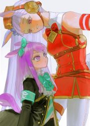 Rule 34 | 2girls, animal ears, armband, bare shoulders, blue background, blush, bow, bowtie, breasts, buttons, double-breasted, dress, frills, gold ship (umamusume), green armband, grin, hair bow, height difference, highres, horse ears, horse girl, horse tail, long hair, mejiro mcqueen (umamusume), morumot to, multiple girls, pantyhose, purple eyes, purple hair, simple background, smile, sweatdrop, tail, umamusume, white legwear