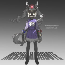 Rule 34 | 1girl, black pantyhose, bow, bowtie, drill hair, frilled skirt, frills, gauntlets, gradient background, grey background, highres, horse tail, horseshoe ornament, japan world cup, kopperion, mecha haribote, mechanization, pantyhose, personifcation, pleated skirt, purple shirt, purple skirt, sailor collar, sailor shirt, school uniform, shirt, skirt, solo, tail, tracen school uniform, twin drills, umamusume, white bow, white bowtie, winter uniform