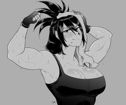 Rule 34 | 1girl, absurdres, armpits, boku no hero academia, breasts, chango-tan, cleavage, fingerless gloves, flexing, gloves, grey background, greyscale, highres, large breasts, long hair, looking at viewer, mole, mole under mouth, monochrome, muscular, muscular female, ponytail, shimura nana, smile, solo, sweat, tank top, towel