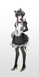 Rule 34 | 1girl, absurdres, alternate costume, animal ears, apron, arknights, black choker, black dress, black hair, black pantyhose, breasts, brown eyes, candle, choker, closed mouth, commentary, crossed bangs, dated commentary, dress, enmaided, frilled apron, frilled dress, frills, full body, gold footwear, hair between eyes, high heels, highres, holding, holding candle, juliet sleeves, long sleeves, looking at viewer, maid, maid apron, maid headdress, medium breasts, pantyhose, plate, puffy sleeves, revision, short dress, short hair, sidelocks, solo, standing, suyi-j, tail, texas (arknights), white apron, wolf ears, wolf girl, wolf tail