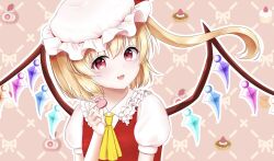 Rule 34 | 1girl, :d, ascot, blush, crystal, fang, flandre scarlet, flat chest, food, frilled shirt collar, frills, hand up, hat, heart-shaped food, highres, holding, holding food, looking at viewer, macaron, mob cap, nyanyanoruru, one side up, open mouth, outline, pink background, pink eyes, puffy short sleeves, puffy sleeves, red vest, short hair with long locks, short sleeves, simple background, smile, solo, touhou, upper body, vest, white outline, wings, yellow ascot