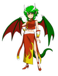 Rule 34 | 1girl, draco centauros, dragon tail, dragon wings, dress, fang, full body, green hair, hand on own hip, highres, horns, itou yuuji, madou monogatari, pointy ears, puyopuyo, shoes, short hair, slit pupils, smile, solo, tail, white background, wings, wrist cuffs, yellow eyes