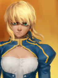 Rule 34 | 1boy, 1girl, artoria pendragon (all), artoria pendragon (fate), blonde hair, cleavage cutout, clothing cutout, dress, fate/stay night, fate (series), gaoxinda, green eyes, hair ribbon, highres, juliet sleeves, long sleeves, puffy sleeves, realistic, ribbon, saber (fate), solo