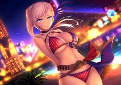 Rule 34 | 1girl, american flag bikini, arms behind back, bare arms, bare shoulders, belt, bikini, blue eyes, blurry, blurry background, bokeh, breasts, bun cover, choker, city lights, cleavage, closed mouth, commentary request, cowboy shot, depth of field, dutch angle, embarrassed, fate/grand order, fate (series), flag print, floating hair, fringe trim, front-tie bikini top, front-tie top, large breasts, long hair, looking at viewer, miyamoto musashi (fate), miyamoto musashi (fate/grand order), miyamoto musashi (swimsuit berserker) (fate), miyamoto musashi (swimsuit berserker) (second ascension) (fate), navel, outdoors, oyaji-sou, pink hair, plant, purple ribbon, pyramid (structure), ribbon, smile, solo, standing, star (symbol), star print, string bikini, striped bikini, striped clothes, swimsuit, vertical-striped bikini, vertical-striped clothes