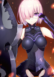 Rule 34 | 1girl, armor, bad id, bad pixiv id, bare shoulders, breasts, carchet, elbow gloves, fate/grand order, fate (series), glasses, gloves, hair over one eye, mash kyrielight, purple eyes, purple hair, short hair, solo