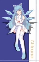 Rule 34 | 1girl, alternate costume, alternate hair length, alternate hairstyle, arm support, bare shoulders, blue eyes, blue hair, bow, breasts, character name, cirno, elbow gloves, fingerless gloves, gloves, hair bow, hand on own cheek, hand on own face, head tilt, highres, ice, ice wings, long hair, looking at viewer, matching hair/eyes, midriff, aged up, romaji text, ryuuno6, shirt, sitting, skirt, solo, thighhighs, touhou, underboob, white gloves, white thighhighs, wings, zettai ryouiki