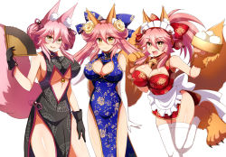Rule 34 | 3girls, afuro, animal ear fluff, animal ears, animal hands, bare shoulders, bell, breasts, cat paws, china dress, chinese clothes, cleavage, collar, dress, fangs, fate/extra, fate/grand order, fate (series), food, fox ears, fox girl, fox tail, glasses, gloves, hair ornament, hair ribbon, hand fan, jingle bell, koyanskaya (chinese lostbelt outfit) (fate), koyanskaya (fate), large breasts, long hair, looking at viewer, multiple girls, multiple persona, neck bell, paw gloves, paw shoes, pink hair, ponytail, ribbon, shoes, simple background, smile, tail, tamamo (fate), tamamo cat (fate), tamamo no mae (fate/extra), underboob, white background, white gloves, white legwear, yellow eyes
