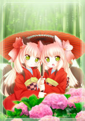 Rule 34 | 2girls, :&lt;, :o, animal ears, bad id, bad pixiv id, bamboo, bamboo forest, bell, blonde hair, fang, flower, forest, fox ears, fox tail, green eyes, hair bell, hair ornament, hair ribbon, hanakomiti, hydrangea, japanese clothes, kimono, multicolored hair, multiple girls, nature, oil-paper umbrella, open mouth, original, red kimono, ribbon, siblings, sisters, tail, translation request, twins, twintails, two-tone hair, umbrella, yukata