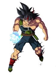Rule 34 | 1boy, absurdres, armor, bardock, bare shoulders, black eyes, black hair, breastplate, broken, broken armor, collarbone, crack, cross scar, dragon ball, dragonball z, energy ball, facial scar, fingernails, floating, grin, hair between eyes, headband, highres, looking at viewer, male focus, muscular, muscular male, parted lips, red headband, scar, scar on cheek, scar on face, signature, simple background, smile, solo, spiked hair, teeth, torn, torn clothes, white background, wristband, yasu (pixiv)