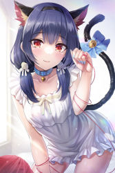 Rule 34 | 1girl, :3, animal ear fluff, animal ears, bell, black hair, black hairband, blue bow, blue collar, blue nails, bow, breasts, cat ears, cat tail, closed mouth, collar, collarbone, commentary request, day, dress, flower, frilled dress, frills, hair bow, hair flower, hair ornament, hair over shoulder, hairband, hand up, highres, idolmaster, idolmaster shiny colors, jingle bell, long hair, low twintails, morino rinze, nail polish, neck bell, red eyes, rose, sleeveless, sleeveless dress, small breasts, smile, solo, string, string around finger, string of fate, sunlight, tail, tail bell, tail bow, tail ornament, twintails, urabi (tomatohouse), white bow, white dress, white flower, white rose, window, yarn, yarn ball