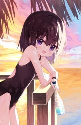 Rule 34 | 1girl, :d, bare arms, bare shoulders, black hair, black one-piece swimsuit, bottle, casual one-piece swimsuit, cloud, cloudy sky, commentary request, from side, hair between eyes, hair ornament, hairclip, holding, holding bottle, horizon, leaning forward, looking at viewer, looking to the side, ocean, one-piece swimsuit, open mouth, original, outdoors, palm tree, purple eyes, shiho (yuuhagi (amaretto-no-natsu)), sky, smile, solo, sunset, swimsuit, tree, water, wet, wet clothes, wet swimsuit, yuuhagi (amaretto-no-natsu)