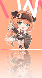 Rule 34 | 1girl, :d, ahoge, arknights, belt, black footwear, black hat, black shirt, black shorts, boots, character name, chibi, chinese text, clenched teeth, cow girl, cow horns, croissant (arknights), crop top, fang, full body, gloves, green eyes, hand up, hat, highres, holding, holding shield, horns, long hair, looking at viewer, open mouth, orange background, orange hair, renren, shield, shirt, shorts, simple background, smile, solo, sparkle, teeth, translation request, very long hair, visor cap, white belt, white gloves