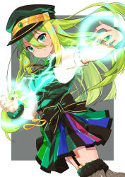 Rule 34 | 1girl, absurdres, alina gray, bow, breasts, brooch, closed mouth, electricity, electrokinesis, fishnet thighhighs, fishnets, fur-trimmed thighhighs, fur trim, garter straps, green eyes, green hair, hair between eyes, hat, highres, jewelry, long hair, looking at viewer, magia record: mahou shoujo madoka magica gaiden, magical girl, mahou shoujo madoka magica, mamadasky, multicolored clothes, multicolored skirt, puffy sleeves, shirt, short sleeves, skirt, smile, solo, thighhighs, vest