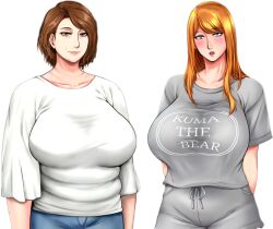 Rule 34 | 2girls, breasts, highres, large breasts, looking at viewer, mature female, morino kuma, mother and daughter, multiple girls, open mouth, short hair, smile, upper body