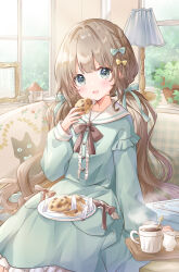 Rule 34 | 1girl, :d, absurdres, aqua dress, blush, bow, bowtie, braid, brown bow, brown bowtie, brown hair, cat, center frills, chocolate chip cookie, coffee, coffee cup, cookie, couch, cup, disposable cup, dress, food, frilled dress, frills, green dress, green eyes, hair bow, hand up, highres, holding, holding food, hoshiibara mato, indoors, lamp, light particles, long hair, long sleeves, looking at viewer, low twintails, mug, on couch, open mouth, original, plant, plate, potted plant, puffy sleeves, sailor collar, sailor dress, sitting, smile, solo, steam, teacup, tray, twintails, very long hair, white sailor collar, window, wrapper